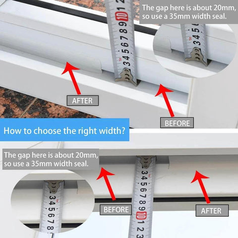 Weather Stripping, Silicone Door Seal Strip Door, Window, Transparent 16 Feet Long (Width 25mm) installation illustration with measuring tape.