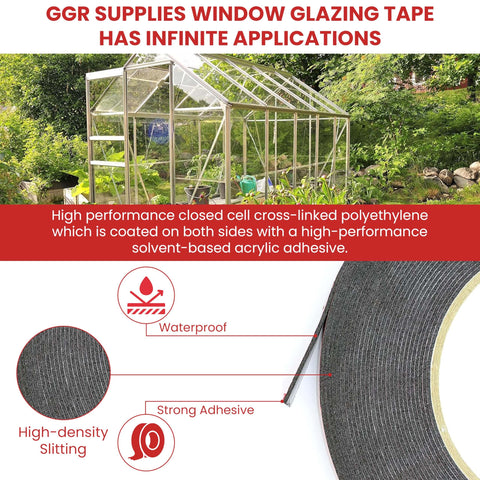 Heavy Duty Double Coated Window Glazing Tape One Sixteenth Inch Thick By Three Eighths Inch Wide One Hundred Fifty Feet Weather Resistant displayed with greenhouse in background