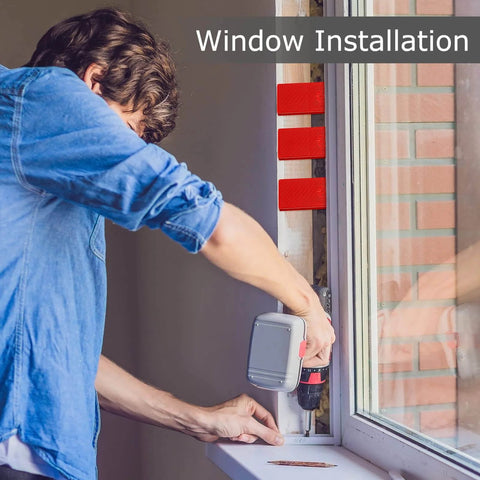 Man using 120 Pcs Plastic Flat Shims for leveling structural tile and surfaces during window installation, showing red shims in use.