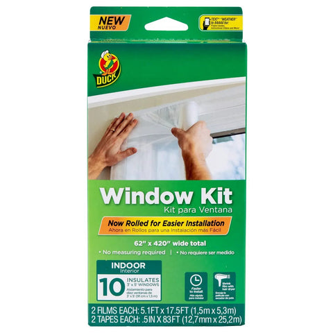 Window Insulation Kit With Rolled Shrink Film For Easy Indoor Installation Draft Blocking And Energy Savings Fits Up To 10 Windows Clear 62 Inches By 420 Inches Includes Tape And Cut To Size product packaging