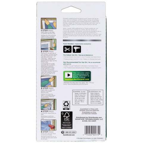 Instructions on the back of a window insulation kit package using rolled shrink film for easy indoor installation.