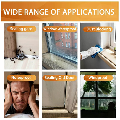 Thick Window Insulation for Winter, Heavy Duty Transparent Weather Sealing Tape application examples, including sealing gaps and waterproofing.