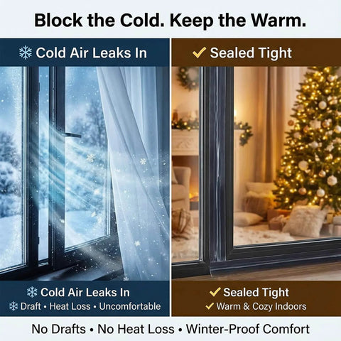 Diagram showing window with and without Thick Window Insulation for Winter Residue-Free, Heavy Duty Transparent Window Weather Sealing Tape, Weather Resistant, 2”x33FT Window Seal Tape Blocks Drafts for Doors Windows.