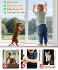 4 Pack Window Locks For Baby Proofing Clear Sliding Glass Door Locks installed on window with toddler and dog