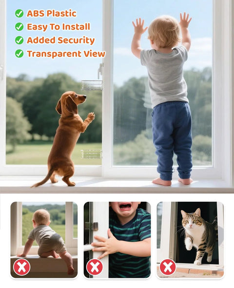 4 Pack Window Locks For Baby Proofing Clear Sliding Glass Door Locks installed on window with toddler and dog