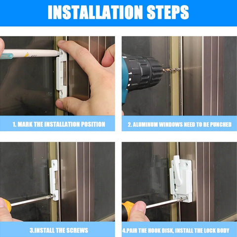 Four-step installation of Two Piece Sliding Window Lock Cam Sash Lock For Double Sliding Windows Vinyl Sash Lock And Keeper Replacement.