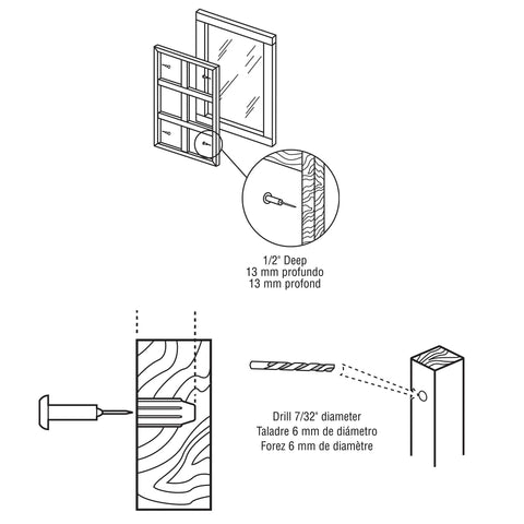 Installation diagram for Clear Window Mullion Grid Retainer Pins 25 Pack For Wood Windows with drill and pin placement guide.