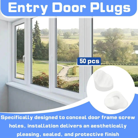 50 Pack Door And Window Screw Hole Plugs 5/16 Inch By 1/4 Inch, image shows entry door plugs for a clean finish and lasting protection
