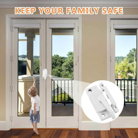 Child standing near glass doors with Cam Action White Window Sash Locks For Horizontal Sliding And Vinyl Windows, 10 Pack Replacement Sash Locks For Secure Easy Window Latching, Rust Resistant Aluminum Alloy Construction highlighted.