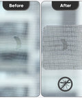Before and after using the 14 Sheets Window Screen Patch Repair Kit In Black With Strong Adhesive Fiberglass Tape on mesh screen.