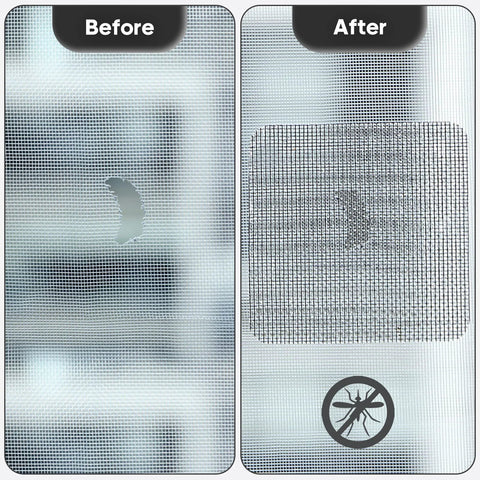 Before and after using the 14 Sheets Window Screen Patch Repair Kit In Black With Strong Adhesive Fiberglass Tape on mesh screen.