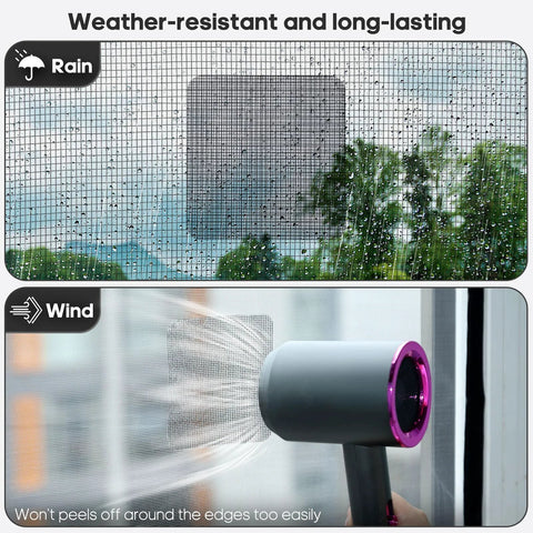 14 Sheets Window Screen Patch Repair Kit in black with strong adhesive fiberglass tape, demonstrates weather-resistant screen repair.