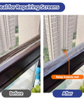 Before and after of window screen repaired with Grey Window Screen Repair Tape 3 Inches By 20 Feet Heavy Duty Patch Kit.