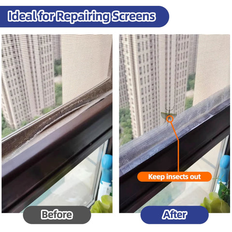 Before and after of window screen repaired with Grey Window Screen Repair Tape 3 Inches By 20 Feet Heavy Duty Patch Kit.