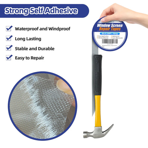 Grey Window Screen Repair Tape 3 Inches By 20 Feet Heavy Duty Patch Kit, waterproof, strong adhesive, hand holding tape with mesh close-up