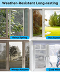 Grey Window Screen Repair Tape 2 Inch By 30 Foot Roll shown in various weather conditions: rainy spring, hot summer, windy autumn, cold winter.