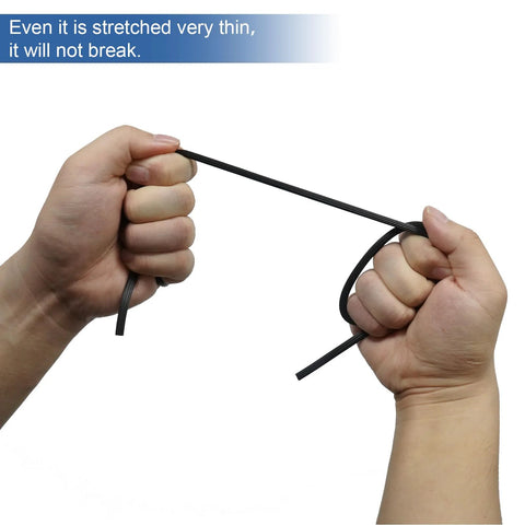 Hands stretching 0.125 Inch Window Screen Spline 100 Foot Replacement Round Black Retainer, UV Stabilized, showing flexibility and strength
