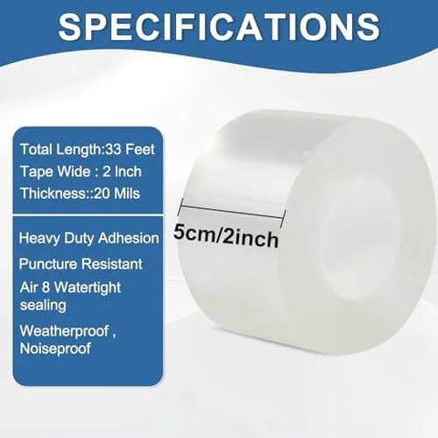 Window Sealing Tape 2IN x 33 FT Draft Isolation No Residue, specifications display with size, adhesion, and waterproof features.