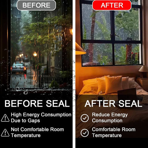Before and after image of window using Window Sealing Tape 2 Inch x 33 FT Transparent Window Draft Insulation Residue-Free Clear Weather Stripping.