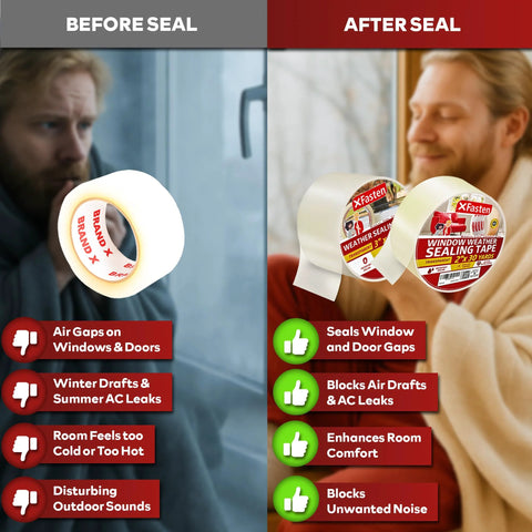 Before and after using Transparent Window Weather Sealing Tape 2 Inch by 30 Yard Clear Draft and Air Tight Seal for Windows With No Residue Gentle Adhesive Weather Stripping Film Tape