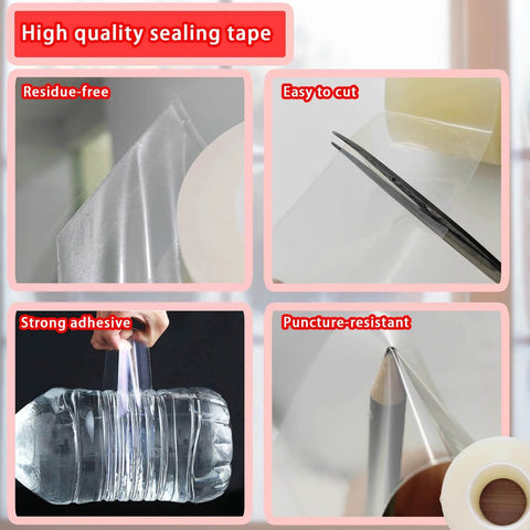 Window Weather Sealing Tape, 3 Inch x 165 FT, shown in use demonstrating residue-free, easy cutting, strong adhesion, and puncture resistance.