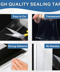 Collage showing Window Sealing Tape 2IN x 33 FT with strong adhesive, transparency, and easy cut features, no residue after removal
