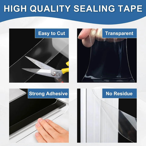 Collage showing Window Sealing Tape 2IN x 33 FT with strong adhesive, transparency, and easy cut features, no residue after removal