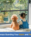 Sliding Door Security Bar 18 To 50 Inches Adjustable Window Security Bar With Rubber Tips installed on a window with child and dog inside