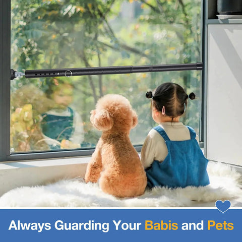 Sliding Door Security Bar 18 To 50 Inches Adjustable Window Security Bar With Rubber Tips installed on a window with child and dog inside