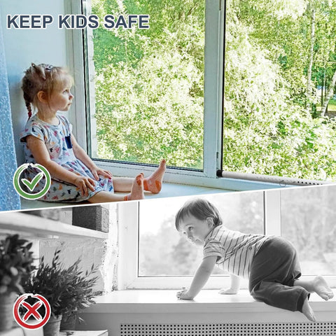 Children near windows illustrating the importance of using a Sliding Door Security Bar, 17.7-50.5inch Heavy Duty Adjustable Sliding Patio Door Lock Bar with Rubber Tips,Diameter 1inch Window Security Bar for Home Apartment Travel Children Women (White)