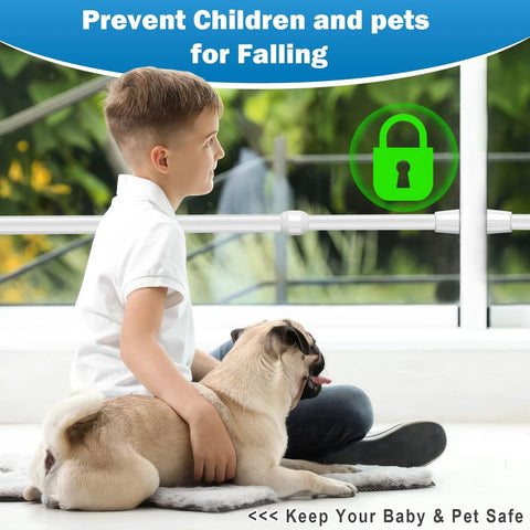 Child and dog sitting by Adjustable Window Security Bar For Sliding Glass Doors With Rubber Tips, Tension Rod, Easy Install