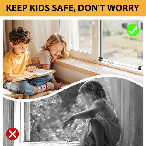 Sliding Door Security Bar, 18.5-51 inch Adjustable Patio Door Security bar with Rubber Tips installed on window with children reading safely