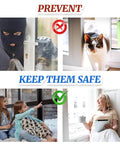 Images showing window security with and without two-pack cam-action sash locks, preventing intruders and ensuring safety for families.