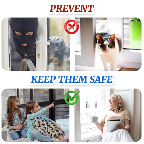Images showing window security with and without two-pack cam-action sash locks, preventing intruders and ensuring safety for families.