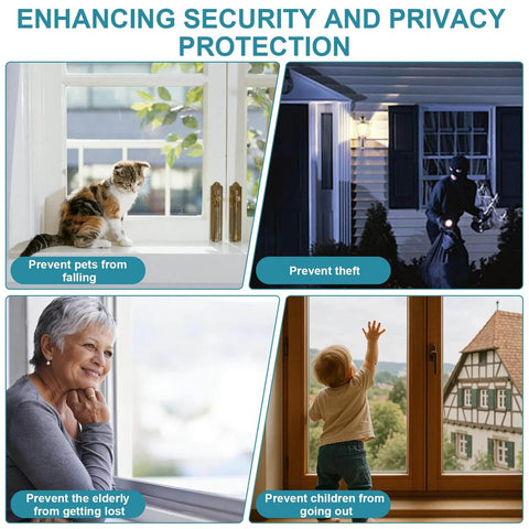 Image showing benefits of Premium Zinc Alloy Window Sash Locks 2 Pack Latch Replacement For Double Hung Vertical And Horizontal Sliding Vinyl Windows White Cam Design For Enhanced Security And Durable Weather Humidity Resistant Hardware, including pet safety, theft prevention, and child safety.