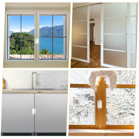 Four images showing Cam Action Window Sash Locks And Keeper Set For Double Hung And Sliding Windows White Latch Security Hardware 20 Pack With 32 Screws.