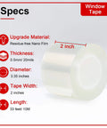 Window Sealing Tape 2 Inch x 33 FT Transparent Window Draft Insulation with specs, residue-free, 0.5mm thickness, 33 feet length.