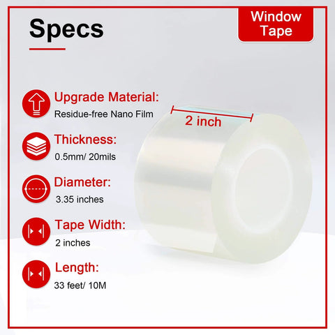 Window Sealing Tape 2 Inch x 33 FT Transparent Window Draft Insulation with specs, residue-free, 0.5mm thickness, 33 feet length.