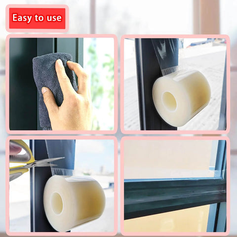 Application of Window Weather Sealing Tape, 3 Inch x 165 FT, showing installation on window frames with no residue clear finish.