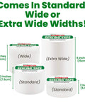 Window Weather Sealing Tape in standard, wide, and extra-wide sizes with labels and dimensions shown.