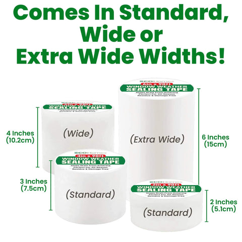 Window Weather Sealing Tape in standard, wide, and extra-wide sizes with labels and dimensions shown.
