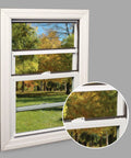 Window with self-stick rubber foam weatherseal, 3/8"W, 3/16"T, black, installed to prevent drafts with outdoor view.