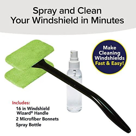 Reach Free Windshield Cleaning Tool with 16 Inch Detachable Handle, microfiber bonnets, and spray bottle for easy windshield cleaning.