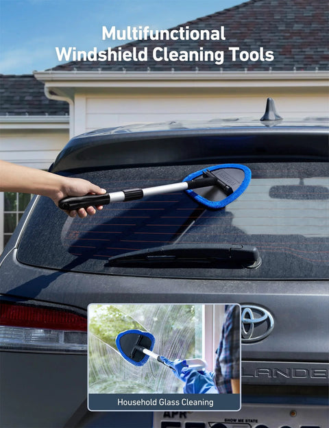 Windshield Cleaning Tool With Extendable Handle And Microfiber Pad Set For Auto Glass And Car Interior Detailing Reusable