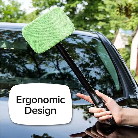 Reach Free Windshield Cleaning Tool With 16 Inch Detachable Handle shown cleaning car windshield, ergonomic design highlighted