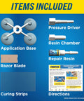 Items included in Resin Based Windshield Repair Kit For Chips And Cracks Quick And Easy To Use Universal Repair System.