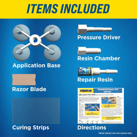 Items included in Resin Based Windshield Repair Kit For Chips And Cracks Quick And Easy To Use Universal Repair System.