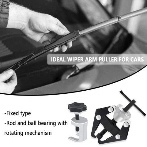 Windshield Wiper Arm Removal Tool Kit in use, demonstrating the universal wiper arm puller mechanism on a car windshield wiper.