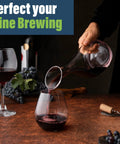 Person pouring red wine into a glass on a wooden table with wine brewing kit visible, promoting wine brewing essentials.