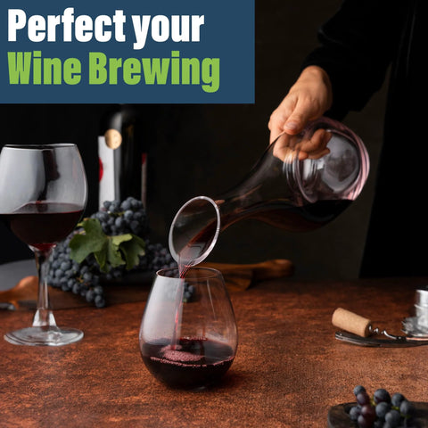 Person pouring red wine into a glass on a wooden table with wine brewing kit visible, promoting wine brewing essentials.